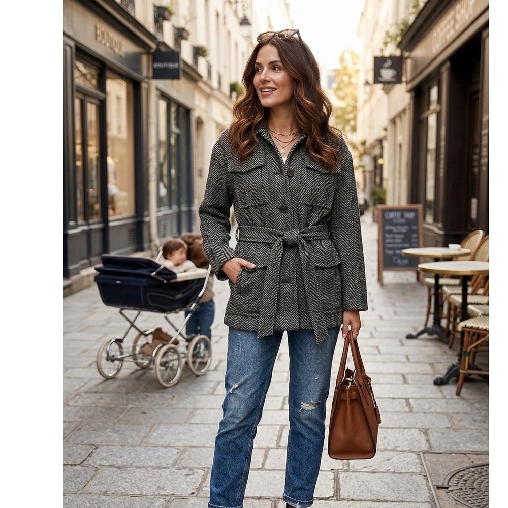 🤑Gap 🖤🩶🖤Gray Herringbone‎ Utility Jacket Boho Shacket Belted Workwear-M$168